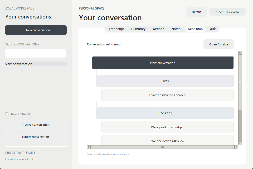 WordHeld Windows prototype showing a personal conversation mind map with sample garden discussion