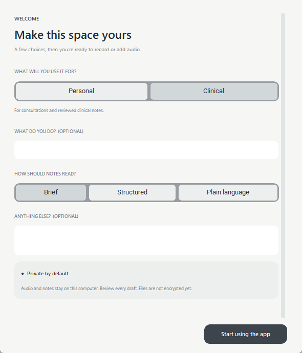 WordHeld Windows first-run screen for choosing personal or clinical workspace and note style